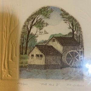 Original Etching and Embossing Mill Pond II. Colored etching by Robin Badeau.